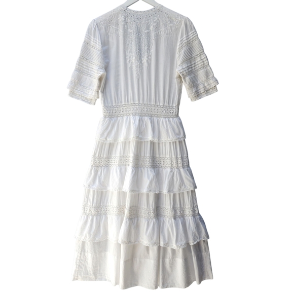 LoveShackFancy Rebecca Eyelet Lace Embroidered Tiered Button Front Midi Dress - Picture 5 of 13